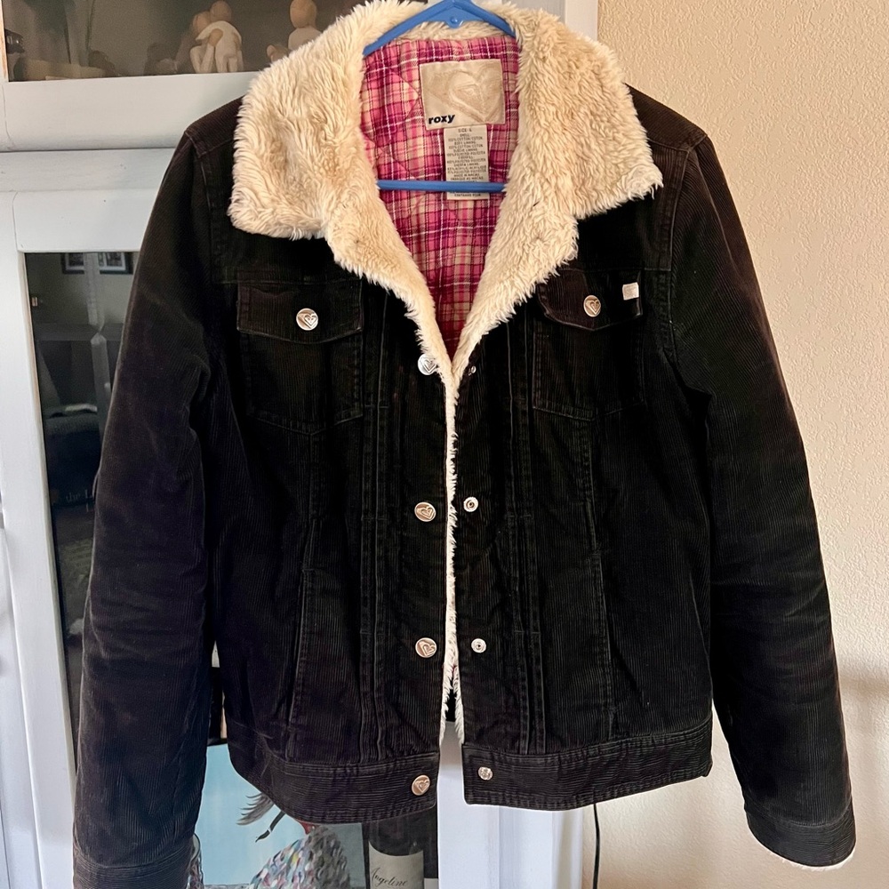 🖤 Vintage Roxy Women’s Black Corduroy Jacket with Faux Fur Lining sized Large